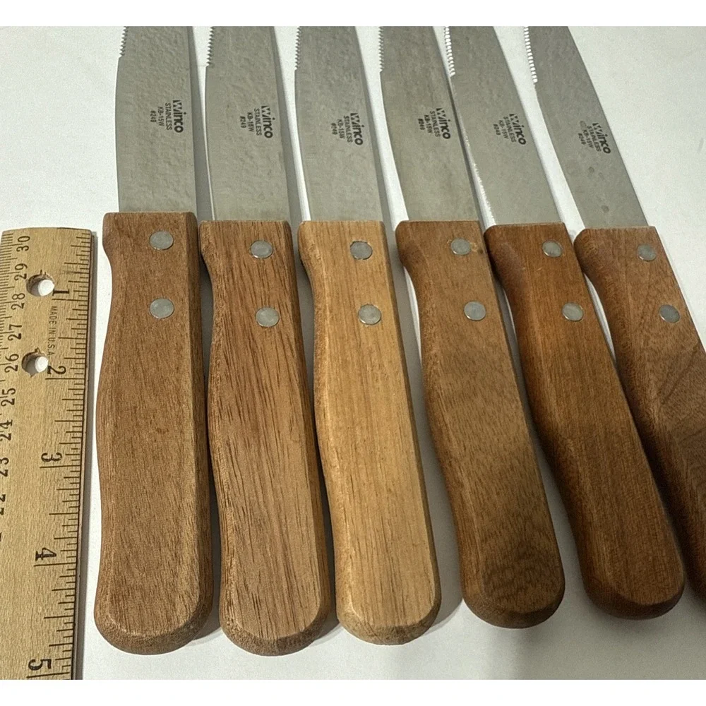 Winco KB-15W #249 Jumbo Steak Knife w/ 5in Heavy Duty Blade LOT Of 6 Wood Handle